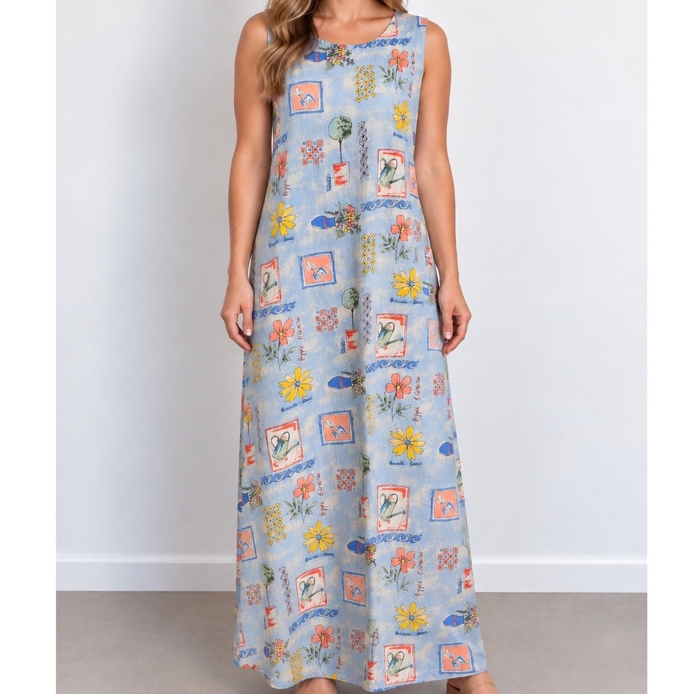 Vintage Bobbie Brooks Maxi Dress Womens XL Linen Rayon Novelty Print 90s Blue